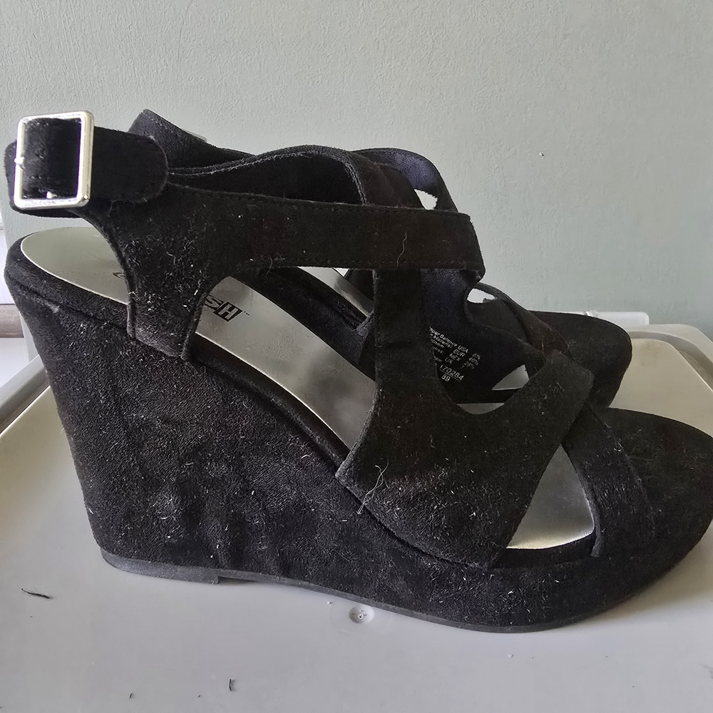Brash Faux-Suede Wedge Sandals, Size 8.5